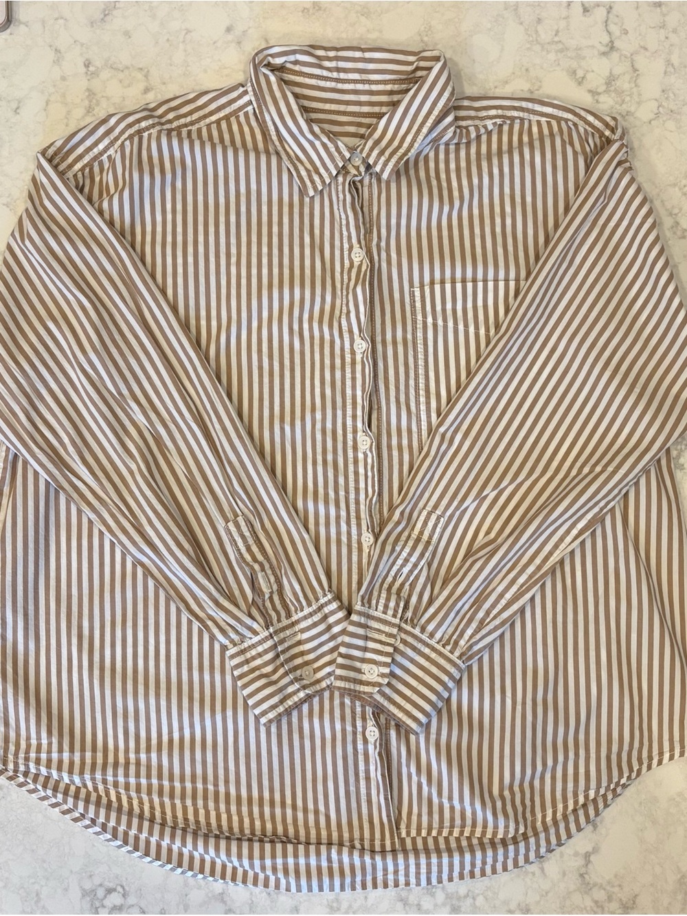 American Eagle Outfitters Tan and White Striped Button-Up Blouse